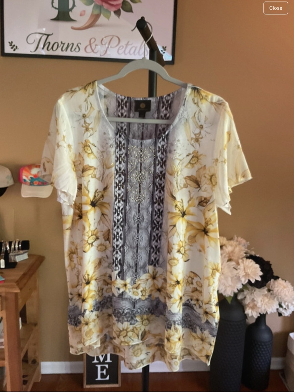 JM Collection White & Yellow Floral Short Sleeve Tunic